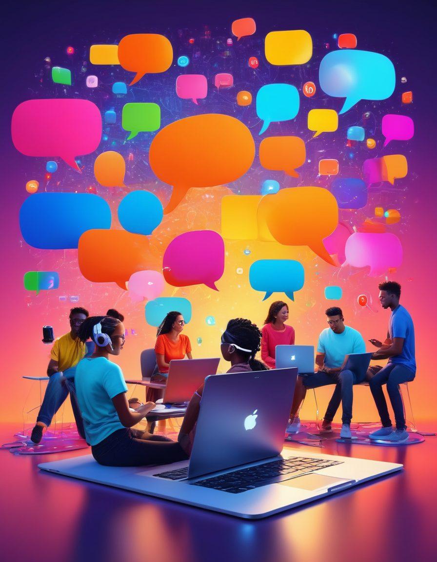 A vibrant digital landscape showcasing diverse people engaged in online activities, with colorful speech bubbles symbolizing interaction and connection. In the background, elements representing technology, like laptops and smartphones, create a sense of community. Bright colors and dynamic poses of the individuals convey energy and excitement. super-realistic. vibrant colors. 3D.