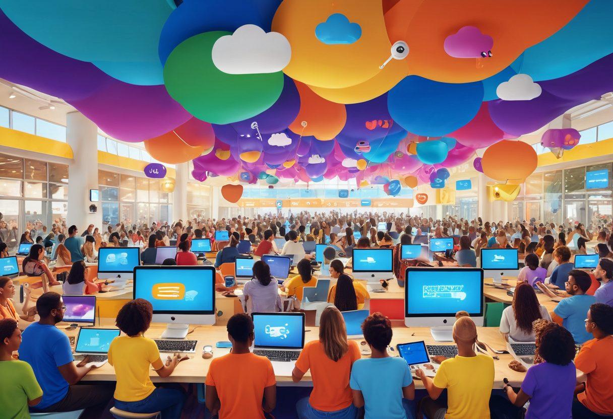 An expansive digital landscape filled with diverse, joyful people interacting online, displaying various devices like laptops and smartphones. Bright colors radiate happiness, with speech bubbles showcasing positive messages and emojis. In the background, a vibrant community hub symbolizes connection and collaboration. The atmosphere is uplifting and inviting, representing unity through technology. super-realistic. vibrant colors. 3D.