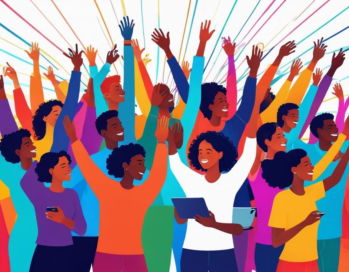 A vibrant and dynamic illustration of diverse people joyfully connecting with digital devices, symbolizing a thriving online community. Include colorful abstract lines representing connectivity and energy flowing between them. The background should be vivid and lively, suggesting a sense of enthusiasm and engagement. Use a blend of modern digital art and playful elements to enhance the feeling of ecstatic connection. digital art. vibrant colors. abstract background.